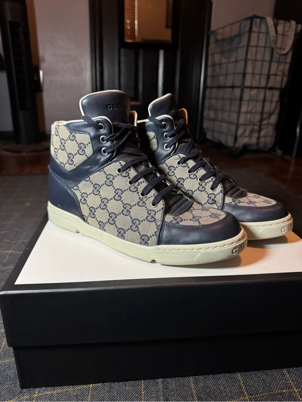 Men’s Gucci Navy and Beige GG Canvas High-Top Sneakers